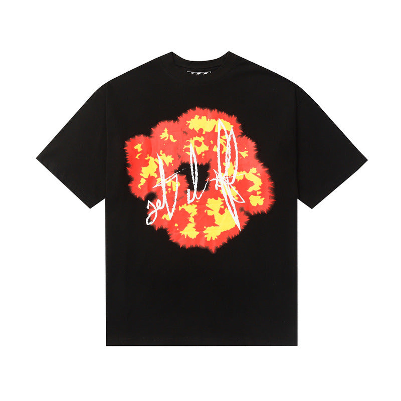 Denim Tears T-shirts Flame Wood Cotton Printed Loose Short Sleeve T-shirt